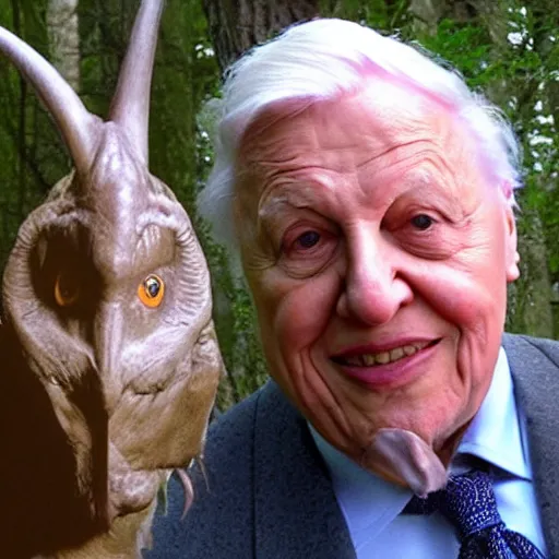 Image similar to Sir David Attenborough in the woods with the Jersey Devil