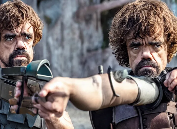 Image similar to peter dinklage holding a rocket launcher, movie still, from the new commando movie, 8 k, realistic