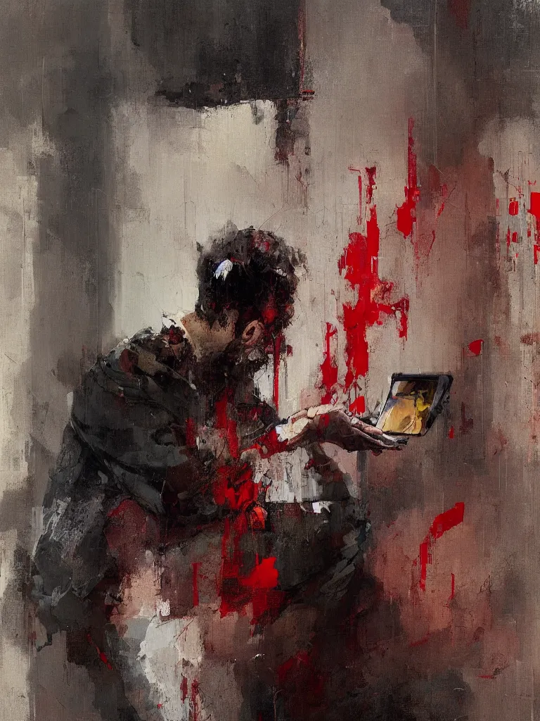 Prompt: a beautiful glitched oil painting by alpay efe and christian hook of a man looking at his phone in a bathroom, color bleeding, brushstrokes by jeremy mann, cold top lighting