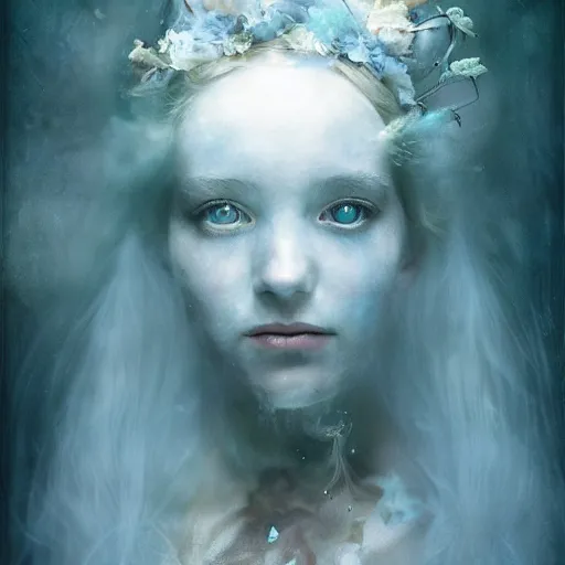 Image similar to beautiful portrait of Alice in wonderland by cy Twombly and BASTIEN LECOUFFE DEHARME, iridescent, volumetric lighting, light blue and white