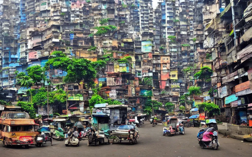 Image similar to streets of mumbai, future, mossy buildings