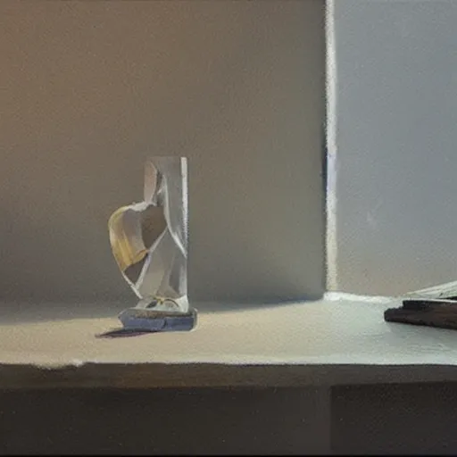 Prompt: crystal on a desk, painting, by greg rutkowski