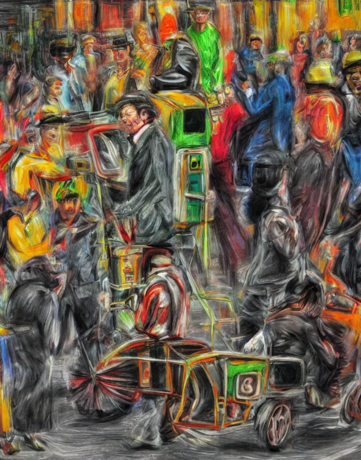 Image similar to 1970s midget street performers dressed in suits with cart tvs on their head, conteporary art show, photorealistic, expressionism, masterpiece, perfect composition, hyperrealistic, spectacular quality, intricate oil pastel glow, dynamic lighting, photorealistic, ambient lighting, atmospheric, stunning visuals, creative, cinematic, ultra detailed, trending on art station