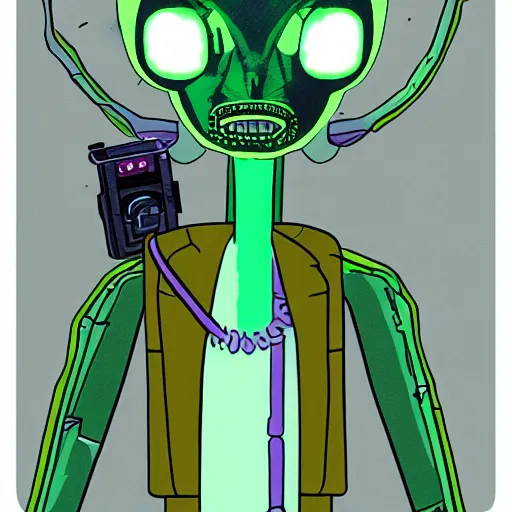 Image similar to portrait of alien rick holding a cybernetic rifle, rick and morty forever and forever a hundred years! g