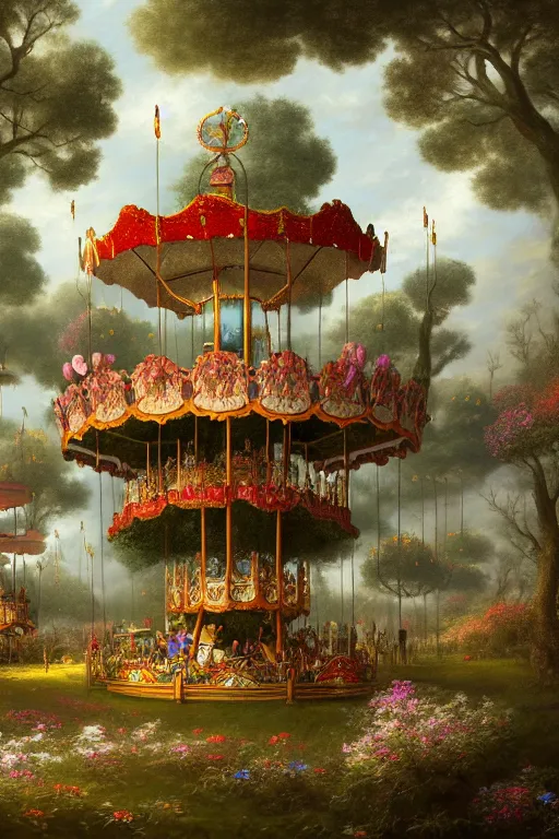 Image similar to a beautiful digital illustration painting of a fantasy carousel in overgrown roots, flowers by benoit b. mandelbrot, steven belledin, martin johnson heade, lee madgwick, caspar david friedrich, and david rios ferreira. 8 k resolution trending on artstation concept art digital illustration