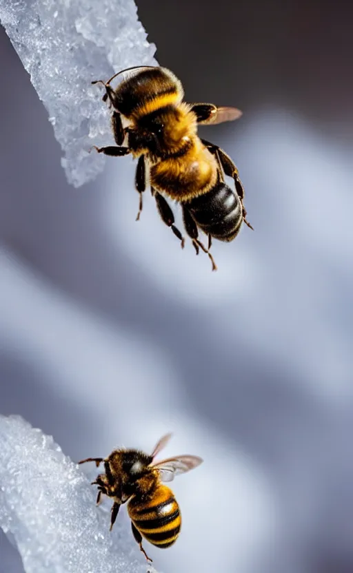 Image similar to the last bee entrapped under a layer of ice, beautiful macro photography, cold ambient light