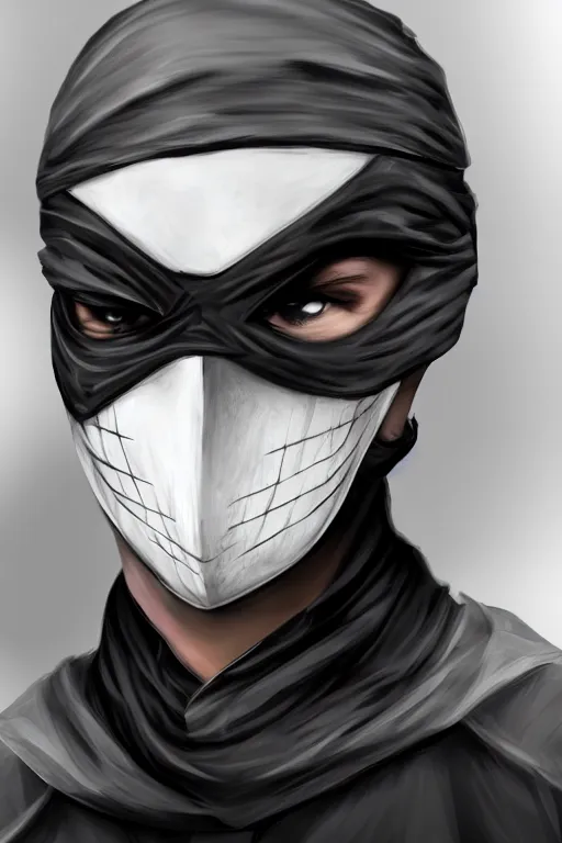 Image similar to hyper realistic digital art portrait of a young rogue thief wearing a black mask.