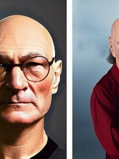 Image similar to photo of a person who looks like a mixture between patrick stewart and brent spiner