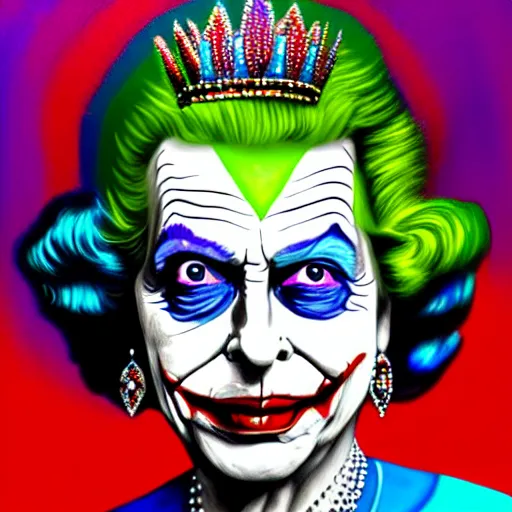 Image similar to An extremely psychedelic portrait of Queen Elizabeth as the Joker, surreal, LSD, face, detailed, intricate, elegant, lithe, highly detailed, digital painting, artstation, concept art, smooth, sharp focus, illustration