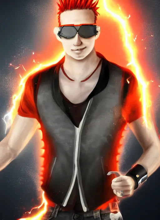 Prompt: photorealistic young man with red spiked long hair, using orange googles. Wearing black waistcoat, white shirt. He is with a vicious smile in face. dynamic lightning.