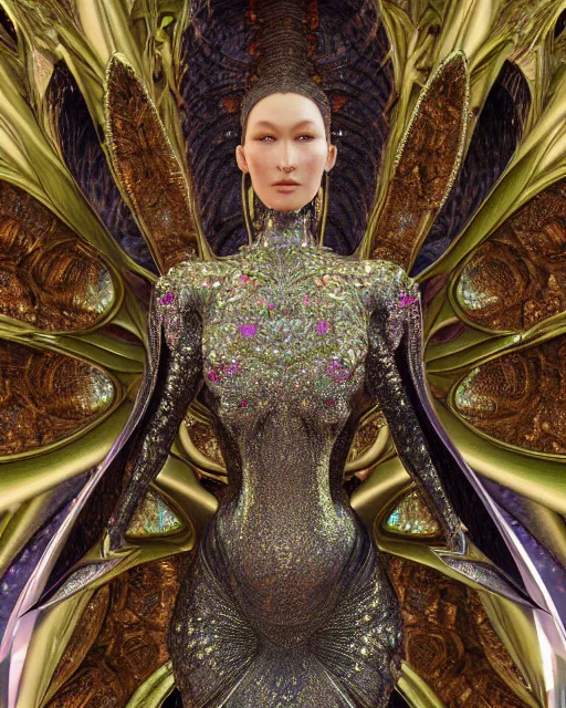 Prompt: a highly detailed metahuman 4 k close up render of an alien goddess bella hadid monument gothic in iris van herpen dress schiaparelli in diamonds crystals swarovski and jewelry iridescent in style of alphonse mucha gustav klimt trending on artstation made in unreal engine 4