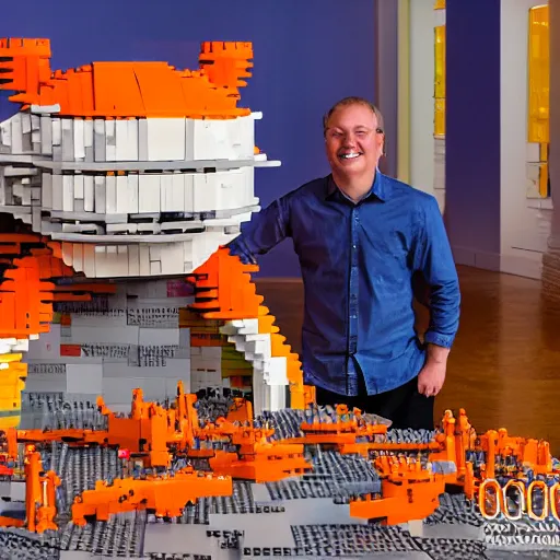 Prompt: 1 0, 0 0 0 piece lego sculpture by a master builder of a smiling orange cat with a big head and white face walking upright, scratch. mit. edu, product photography, studio lighting