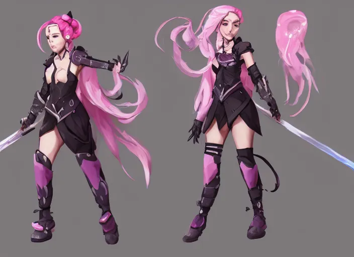 Image similar to character sheet for a beautiful and cute girl for genshin impact by greg rutkowski, black to light pink fade hair, genshin impact style, overwatch style, sorcerer magic witch, longsword, digital art, trending on artstation, hd, 8 k, highly detailed, good lighting, beautiful, masterpiece