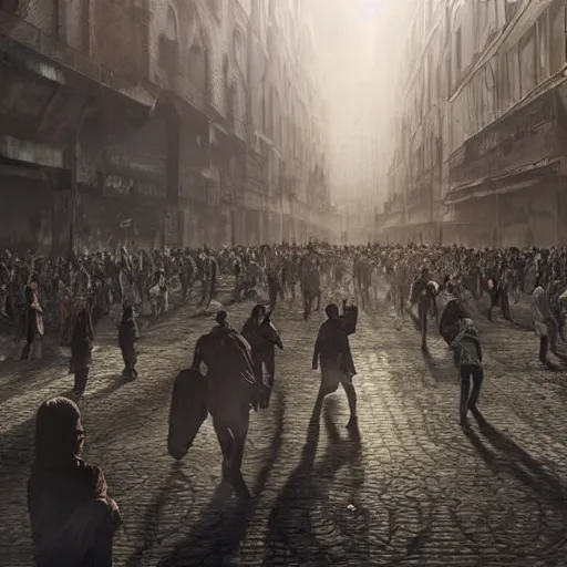 Image similar to hordes of drone-like people aimlessly walking around a depressing dystopian cityscape , trending on artststion, hyper realistic, surreal, melancholic, 8k, upscaled