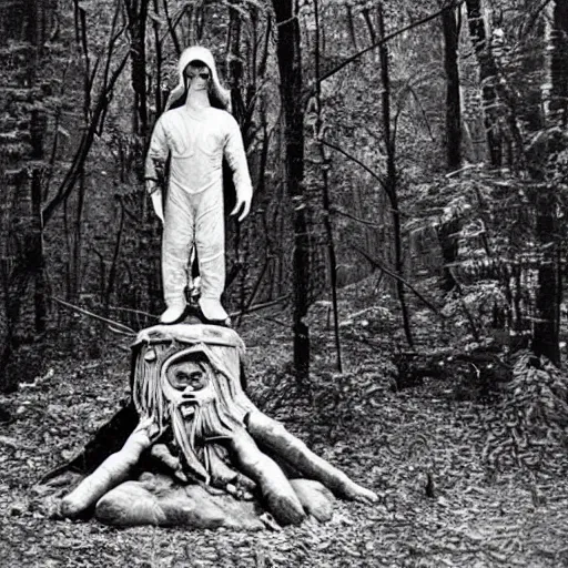 Prompt: old photograph of an occult alien shrine in an eerie forest with an astronaut standing in front of the shrine