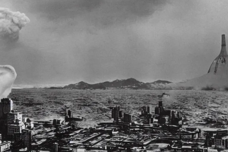 Image similar to a filmstill of Kim Jong-il and a Starro Kaiju monster destroying Pyongyang, in Godzilla (1954) by Ishirō Honda, traditional Korean city, palace, epic ultrawide shot, cinémascope