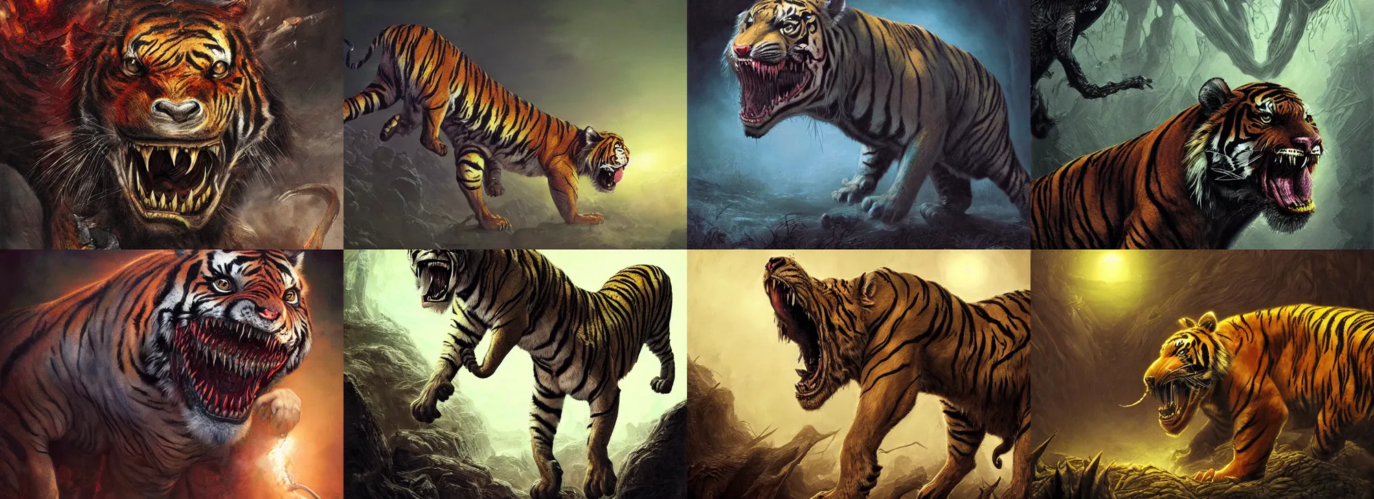 Prompt: a nightmarish mutated tiger, with mouth open, emerging from the darkness, by neville page and wayne barlowe, ( ( ( horror art ) ) ), wide angle, dramatic lighting, highly detailed digital painting