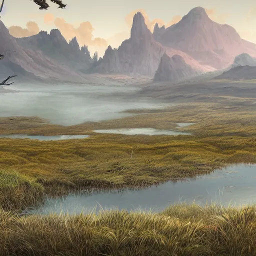 Image similar to concept art painting of a moorland swamp marsh on a plateau with mountainous forest below, realistic, detailed, cel shaded, in the style of makoto shinkai and greg rutkowski and james gurney