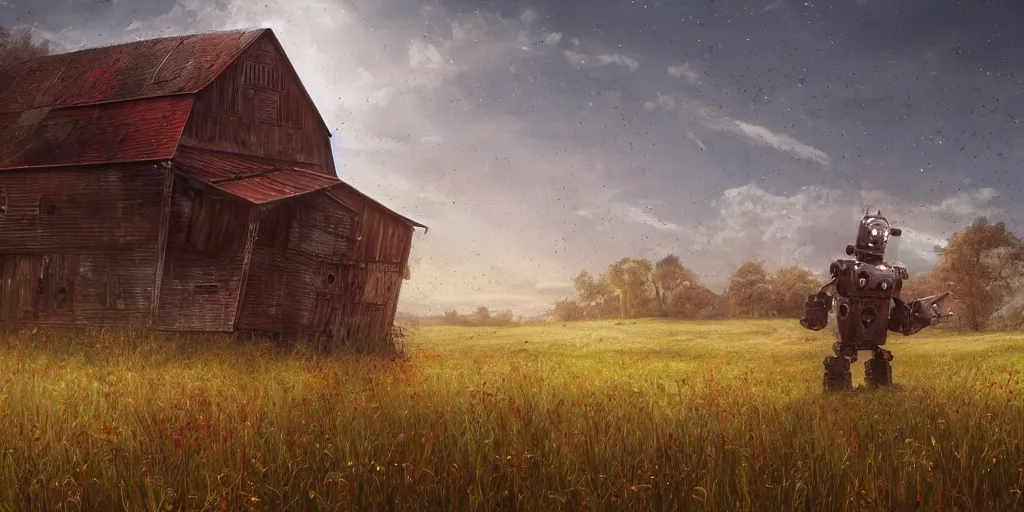 Image similar to a single colossal rusty old robot sad and alone in an empty field in the countryside with a barn on a bright sunny day by mike allred and moebiusand karol bak sharp digital painting. dreaming latent space. matte painting, concept art. artstation. digital render. realistic, 8 k