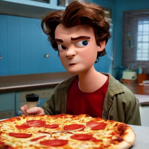 Prompt: Pixar Animation of Steve Harrington from Stranger things making a pizza