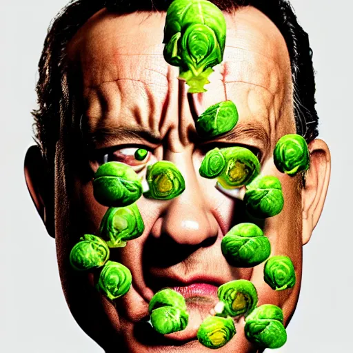 Prompt: a face made of ( ( ( brussels sprouts ) ) ) made of!!! tom hanks!!!, 8 k, trending on artstation, 8 0 mm photography, hyperrealistic