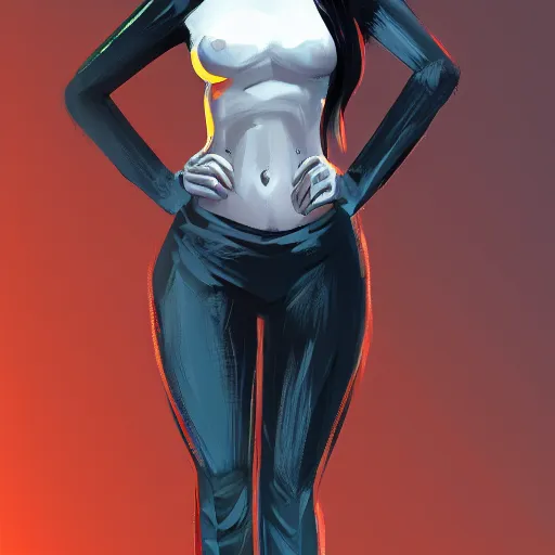 Image similar to a woman wearing black and blue clothes, full body shot, red hair, highly detailed, digital painting, artstation, concept art, smooth, sharp focus, illustration