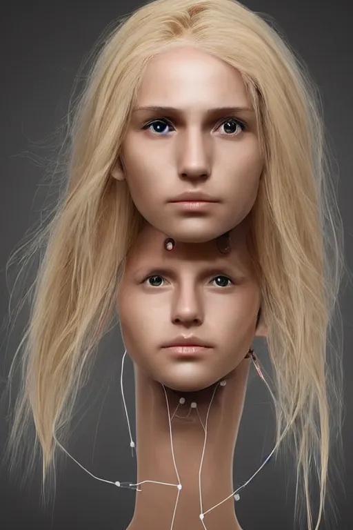 Image similar to robot with human face, female head, full body angle, woman human face, human face realistic, beautiful blonde hair, human head, human head with blonde hair, blonde hair human head, blonde hair, human realistic face, human head skin, cyborg frame concept, cyborg by ales-kotnik, sci-fi android female, the body is made of wires, robotic body, cyborg body, cyborg bust body, robot body cyborg, full body