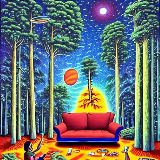 Prompt: psychedelic trippy drums pine forest, planets, milky way, sofa, cartoon by rob gonsalves