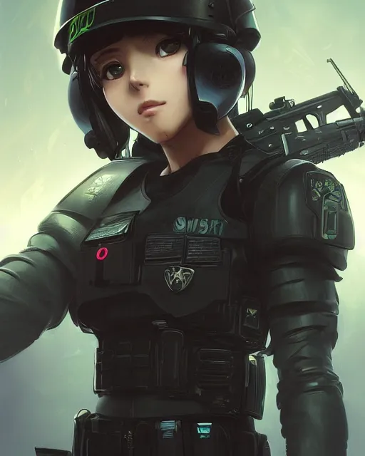 Image similar to anime key visual of a young female swat officer, neon, cyberpunk, futuristic, white top, black vest, stunning, highly detailed, digital painting, artstation, smooth, soft focus, illustration, art by artgerm and greg rutkowski and alphonse mucha