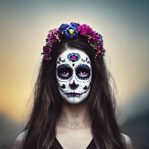 Image similar to photo portrait of a beautiful day of the dead female, depth of field, zeiss lens, detailed, symmetrical, centered, by edward robert hughes, connor hibbs, annie leibovitz and steve mccurry, david lazar, jimmy nelsson, breathtaking, 8 k resolution, extremely detailed, beautiful, establishing shot, artistic, hyperrealistic, beautiful face, octane render