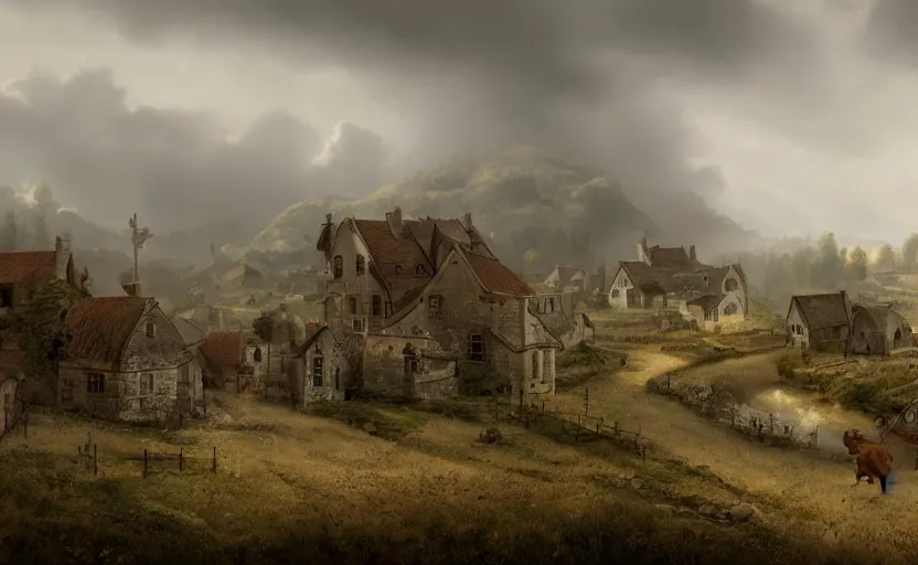 Image similar to matte painting of a countryside landscape of a 1 8 th century village. gloomy, fog, elaborate, detailed digital art trending in artstation