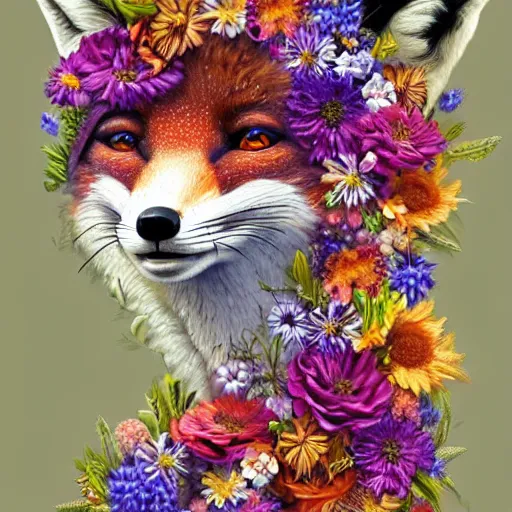 Image similar to made of flowers, made of flowers, made of flowers, portrait of a fox made of flowers, fantasy art, trending on artstation, beautiful art, intricate, elegant, highly detailed, digital painting