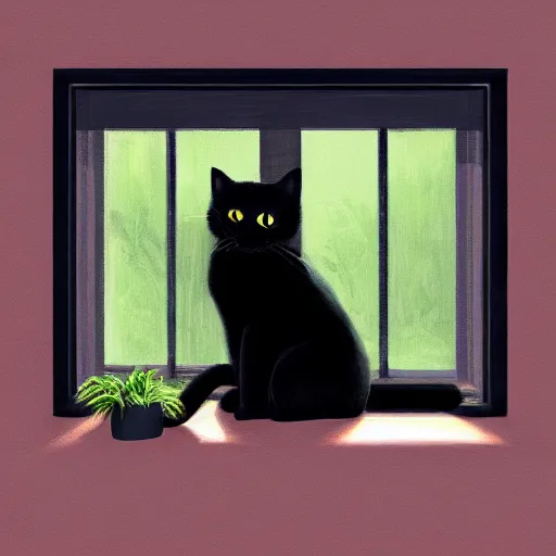 Prompt: peaceful dreamy painting of a content black cat sitting by a window, sunshine coming through the window, small plants on the window sill, 4k resolution, highly detailed, trending on artstation