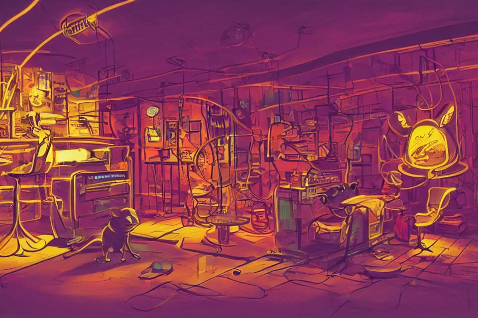 Image similar to mouse in a neon basement, by john kricfalusi and syd mead
