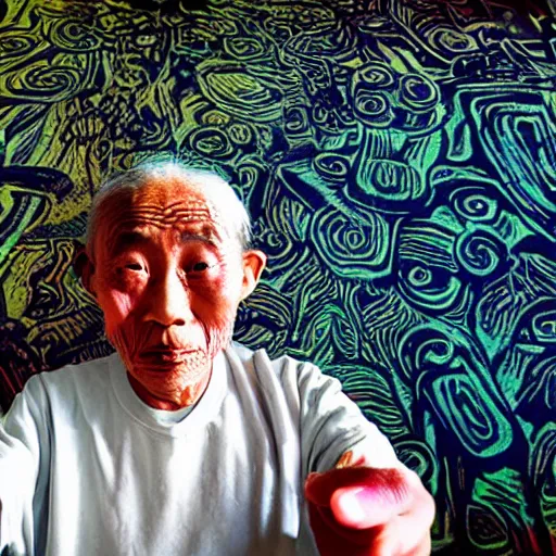 Prompt: selfie old japanese man, psychedelic background, horror