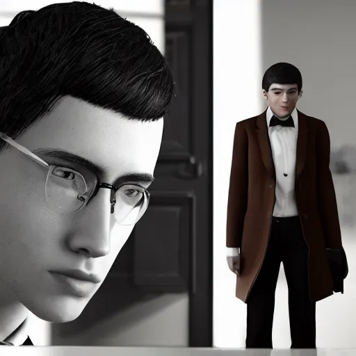 Prompt: a teen with black short hair and dark brown eyes wearing a formal overcoat, hyperrealistic, high quality, high detail, 8k,octane render, unreal engine 5, portait photo