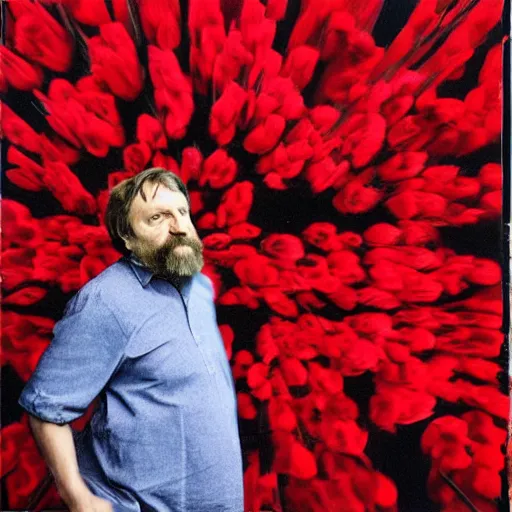 Prompt: Art photography Slavoj Žižek fighting versus red flowers