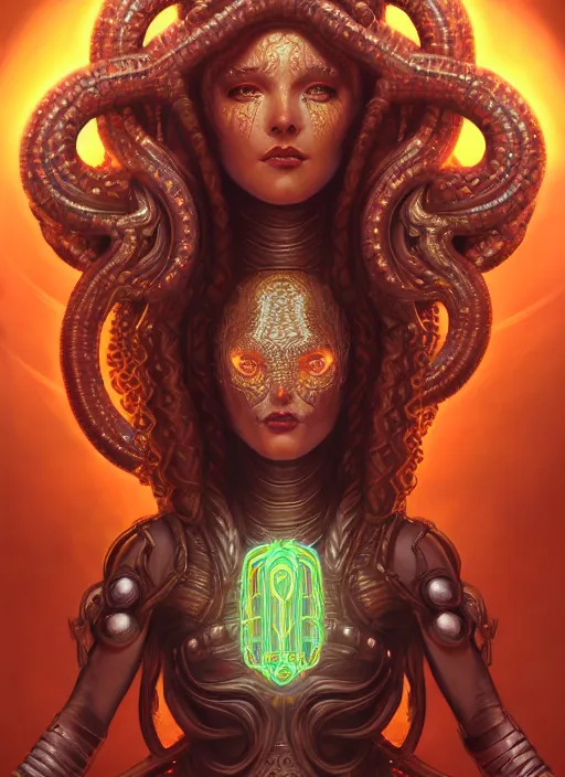 Image similar to ultradetailed ornate sci-fi RPG illustration of a beautiful symmetric Medusa radiating a glowing aura wearing a cyberpunk armor with much decorum, digital airbrush painting, 3d rim light, hyperrealistic masterpiece, artstation, cgsociety, kodakchrome, golden ratio