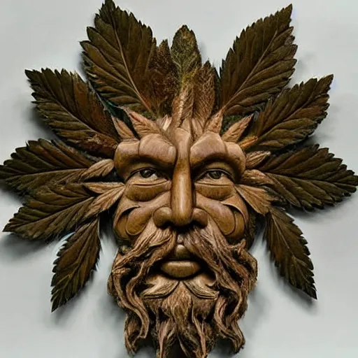 Image similar to deeply carved and stained, highly detailed wood carving depicting the face of the marijuana green man, as if made of obvious cannabis fan leaves, resting in a bed of real cannabis leaves