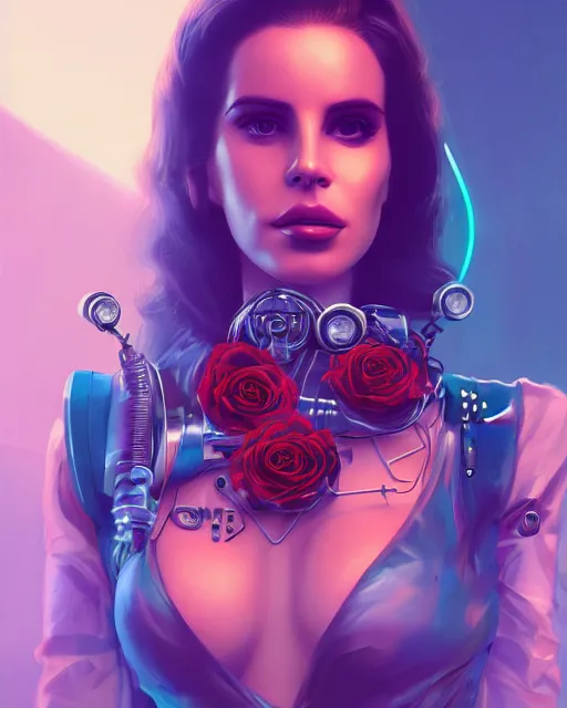 Image similar to portrait of lana del rey as a cyberpunk cyborg. sci - fi intricate abstract upper body intricate artwork, roses, rose petals by tooth wu, wlop, beeple, dan mumford. concept art, octane render, trending on artstation, greg rutkowski, asymmetrical, cinematic arthouse, key art, hyper realism, iridescent accents