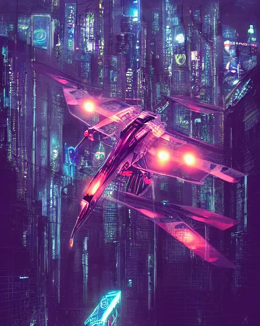 Image similar to cyberpunk drone above a city, scifi, futuristic, neon light, highly detailed, concept art, sharp focus, trending on artstation, intricate, atmosphere, raining, art by roman makarenko, dzung phung dinh