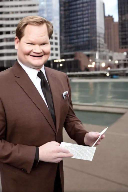 Image similar to full length body shot, andy richter wearing a brown suit and necktie and black boots, ultra hd photo, 3 5 mm close up, fish eye, realistic, smiling, holding a postcard from chicago,