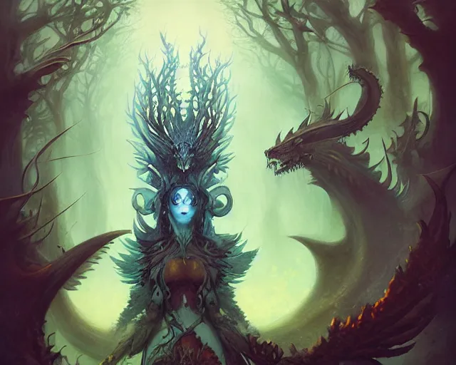 Image similar to draconic forest totem, peter mohrbacher, leiji matsumoto, dark fantasy art, intricately detailed