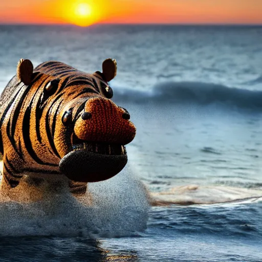 Image similar to a closeup photorealistic photograph of a cute smiling knitted tiger hippopotamus chasing a beachball at sunset. surf in the background. professional capture. this 4 k hd image is trending on artstation, featured on behance, well - rendered, extra crisp, features intricate detail, epic composition and the style of unreal engine.