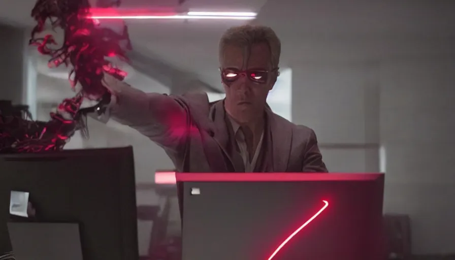 Image similar to big budget action movie about an evil scientist using a computer, a red glow is coming from the screen