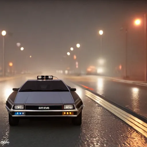 Image similar to hyperdetailed, photorealistic photograph of a dmc 1 2 delorean driving in the streets, rain, night, dense fog, hd, unreal engine 5