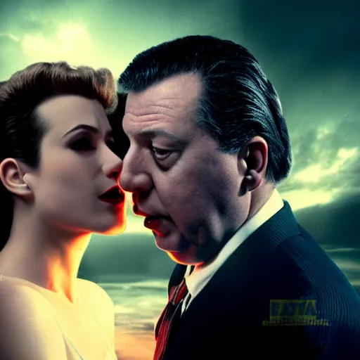 Prompt: Film still of passionate Hollywood kiss between two lovers in the style of Alfred Hitchcock kiss Vertigo, hyper realism, photorealism, cinematic atmosphere, 8K, volumetric lighting:.7