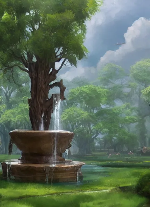 Image similar to a water fountain made out of a tree, concept art by Doug Chiang cinematic, realistic painting, high definition, digital art, symmetrical, very detailed, extremely high detail, photo realistic, concept art, unreal engine 5,