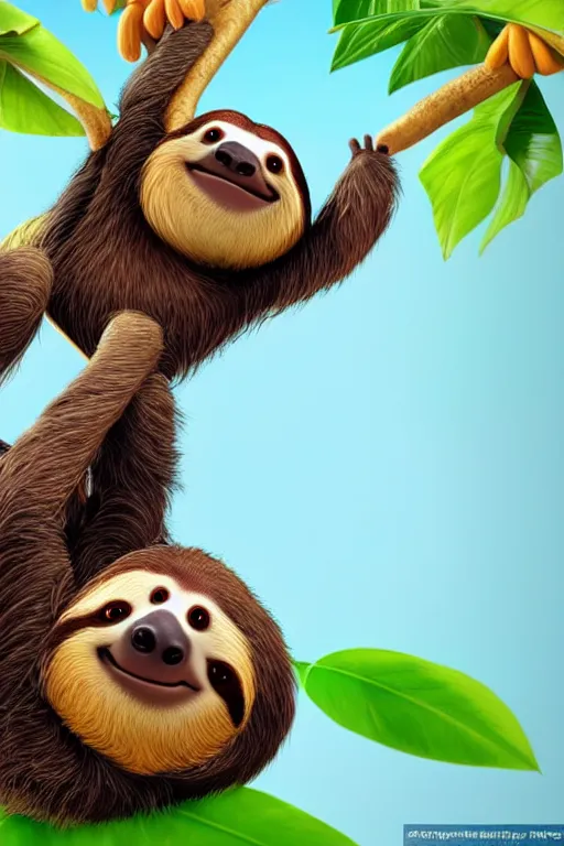 Image similar to happy sloth climbing a tree in a tropical forest holding one cup of coffee . Pixar Disney 4K 3d render funny animation movie Oscar winning trending on ArtStation and Behance. Ratatouille style.
