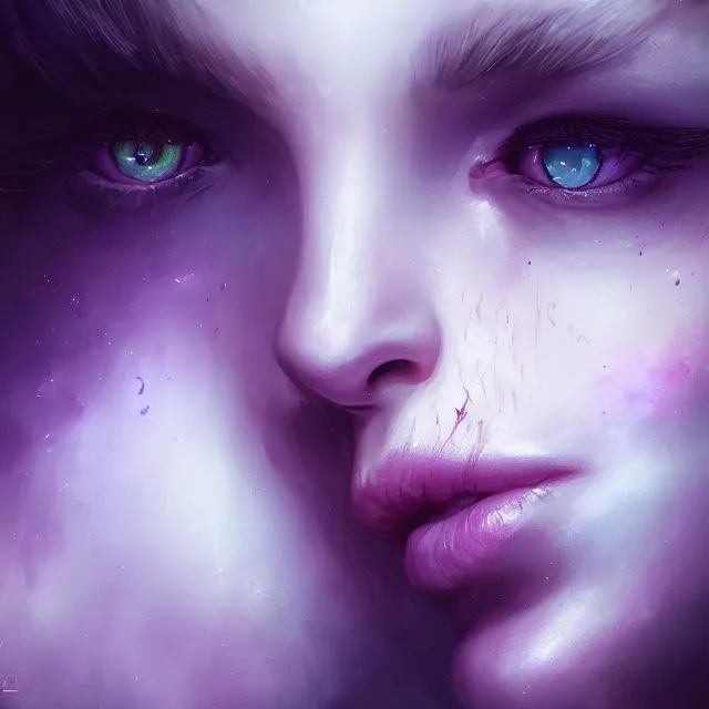 Prompt: infinity in the eyes by charlie bowater and titian and artgerm, macro, close - up, intricate, face, forest, elegant, purple mist, symmetrical eyes, bombshell, beautiful, highly detailed, dramatic lighting, sharp focus, trending on artstation, artstationhd, artstationhq, unreal engine, 4 k, 8 k